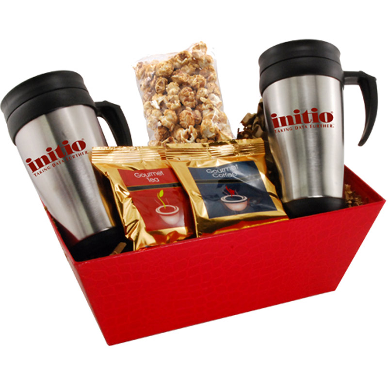 Stainless Steel Travel Mug Gift Basket with Caramel Popcorn