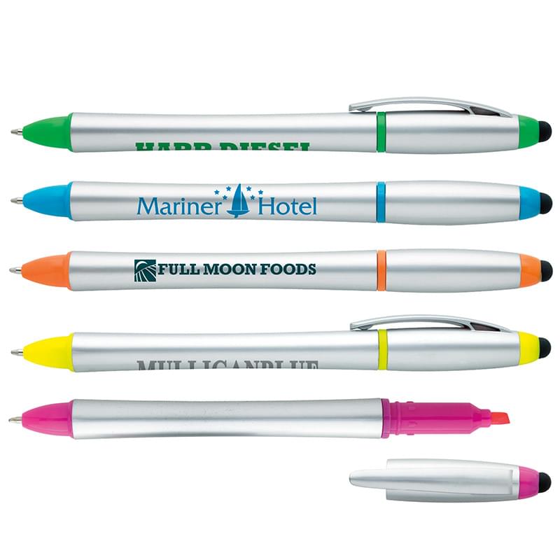3-in-1 Silver Stylus Pen with Highlighter