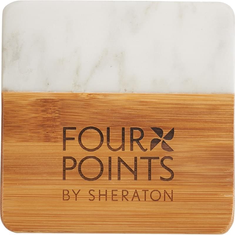 White Marble and Bamboo Coaster Set image