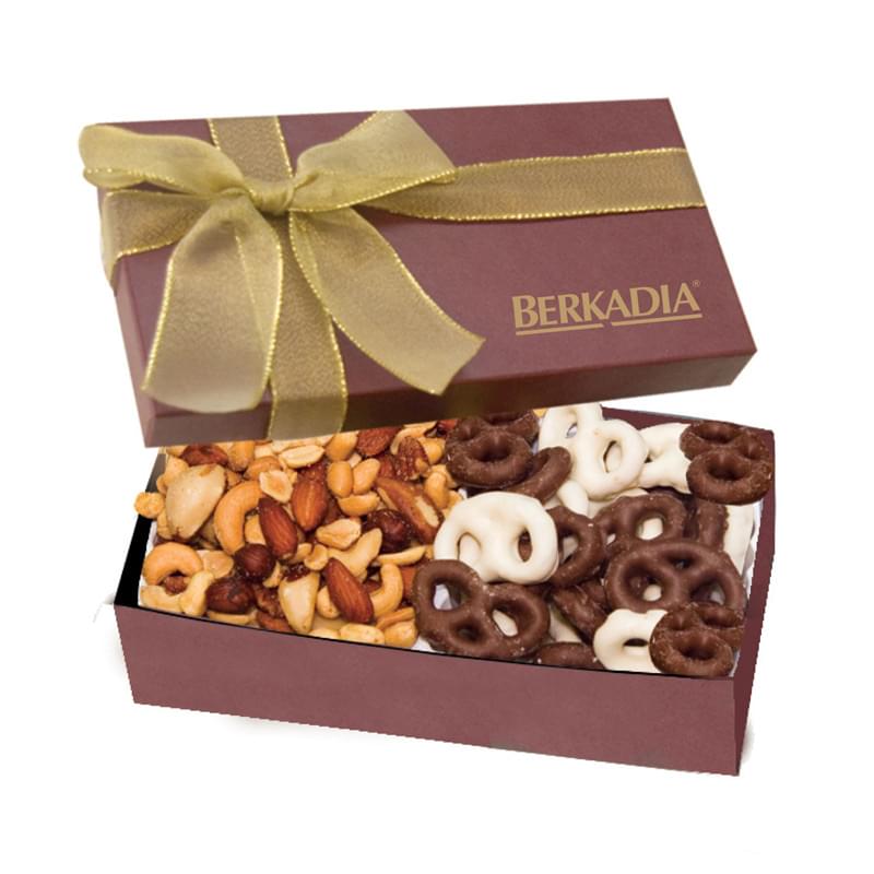Chocolate Covered Pretzels and Mixed Nuts in Gift Box with Ribbon