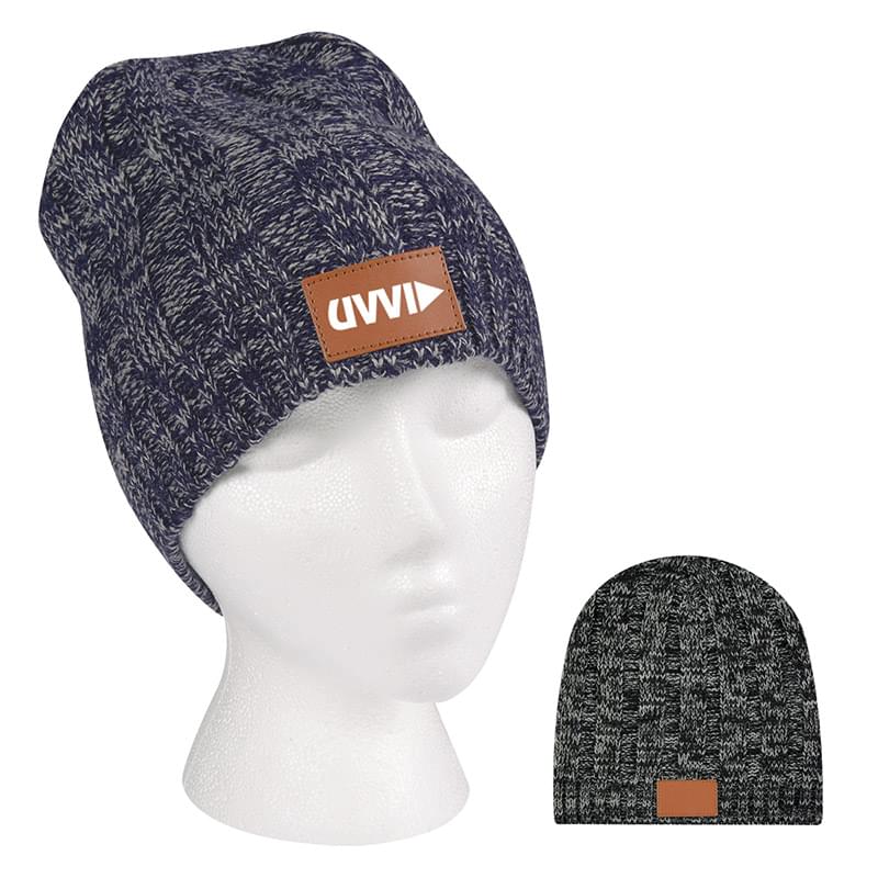 Variegated Ribbed Acrylic Knit Beanie Cap with Leatherette Patch