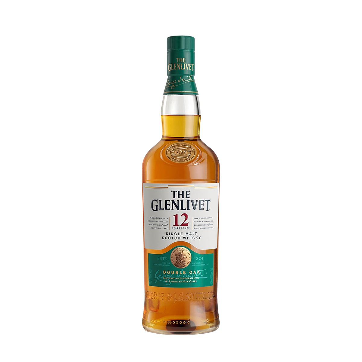 Etched Glenlivet 12 year Double Oak Scotch Whiskey Liquor Bottle image