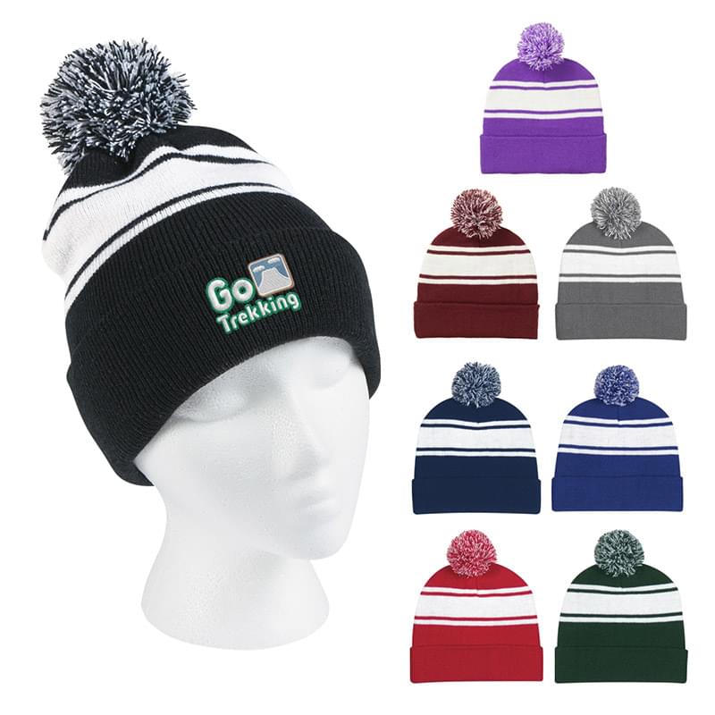 Cuffed Two-Tone Acrylic Knit Pom Beanie Cap