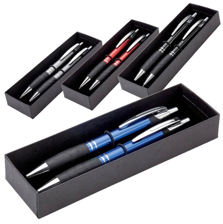 Plunge-Action Aluminum Ballpoint Pen & Pencil Set with Rubber Grip
