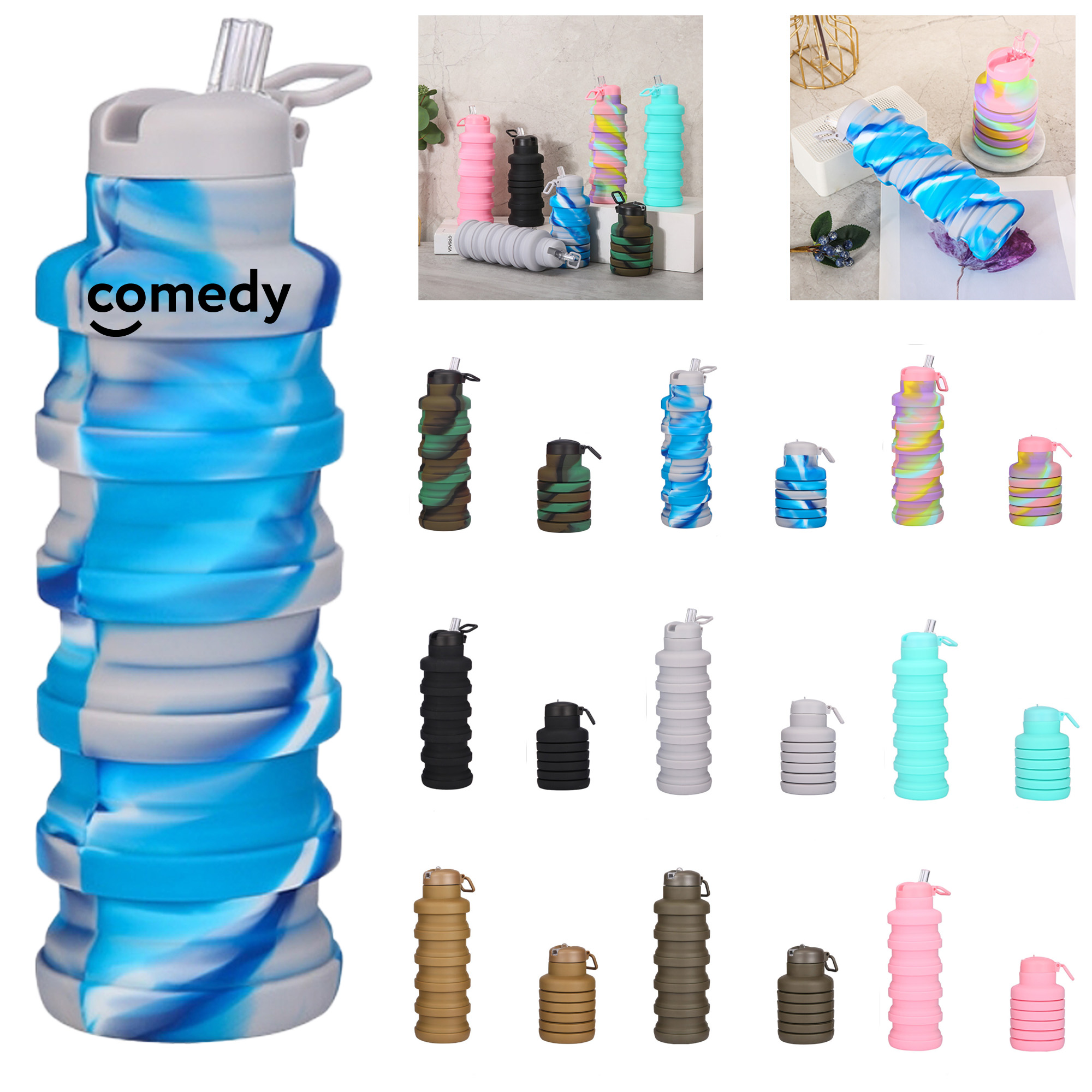 Silicone Collapsible Water Bottle with Straw Top – 18 oz.