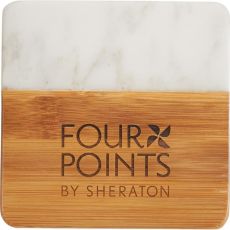 White Marble and Bamboo Coaster Set