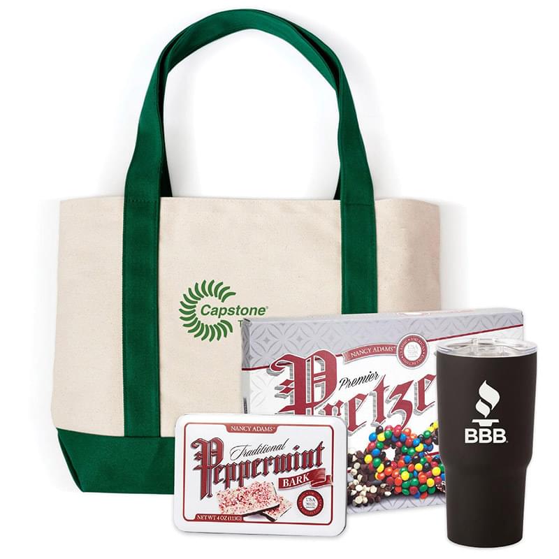 Assorted Treats in Boat Tote with  20 oz. Tumbler - 19" x 12" x 4"