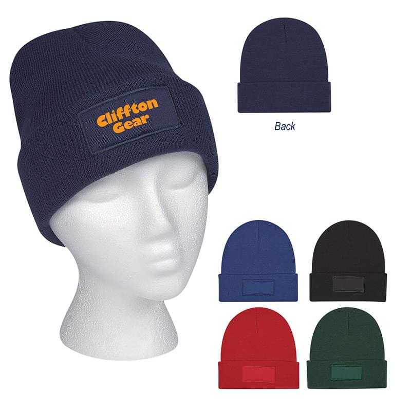 Cuffed Acrylic Knit Beanie Cap with Twill Patch