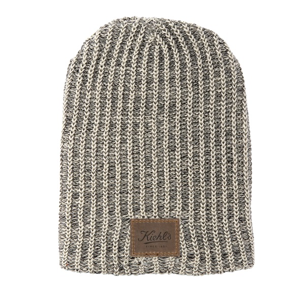 Ribbed Cotton Knit Beanie Cap with Leather Patch
